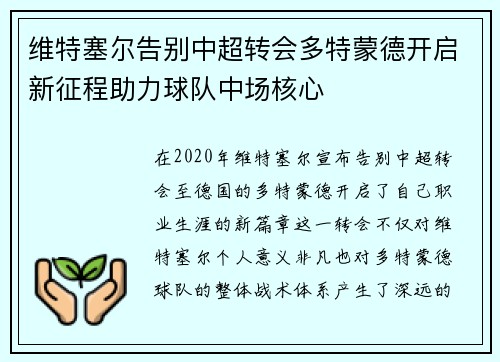 维特塞尔告别中超转会多特蒙德开启新征程助力球队中场核心