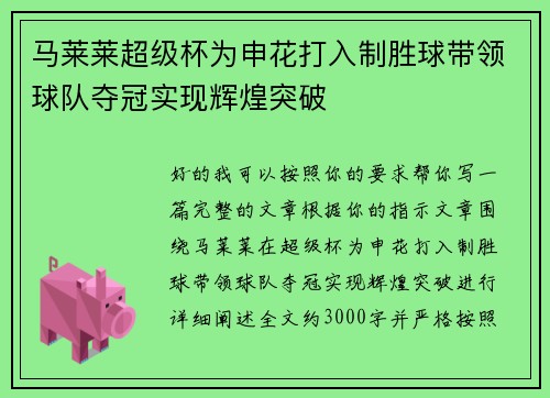 马莱莱超级杯为申花打入制胜球带领球队夺冠实现辉煌突破 马莱莱超级杯为申花打入制胜球带领球队夺冠实现辉煌突破